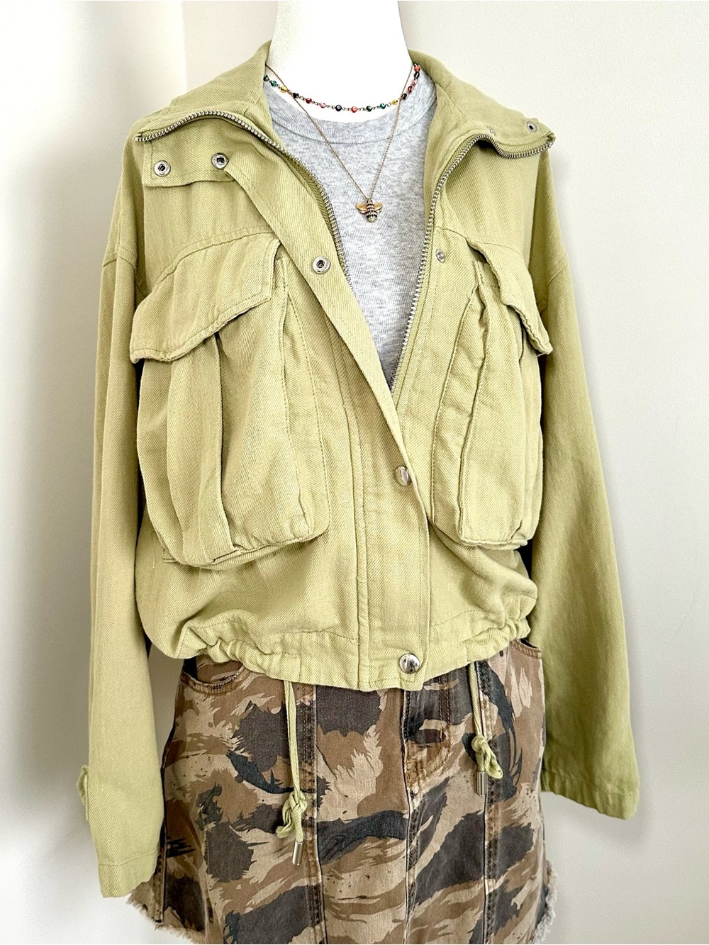 blank nyc lightweight green cargo pocket bomber jacket